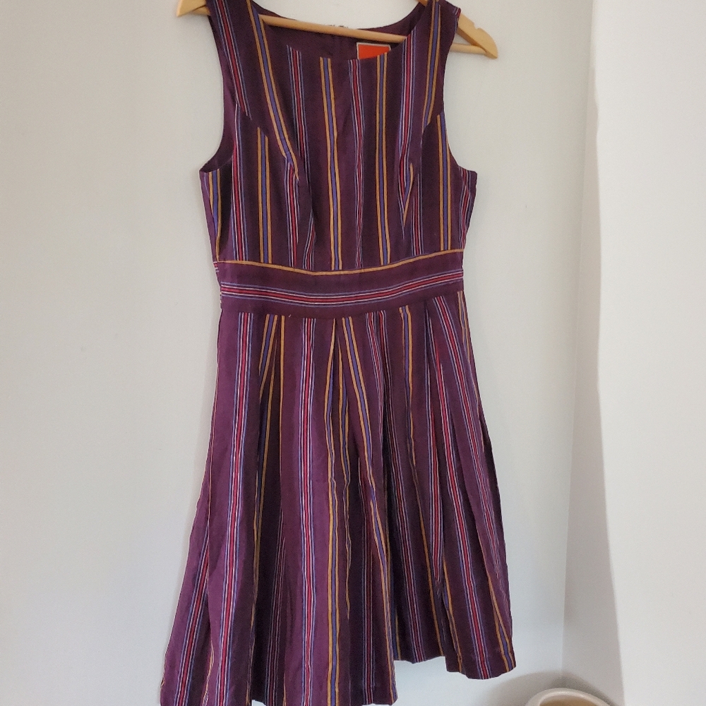 MODCLOTH M Purple Striped Sleeveless Fit & Flare Dress Pleats Pockets Lined EUC - Picture 5 of 14